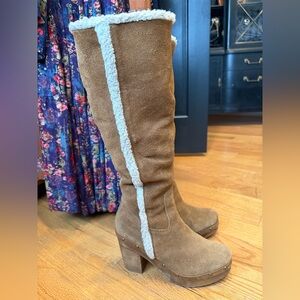 suede sherpa-lined platform heel tall boots winter brown tan | Ralph Lauren